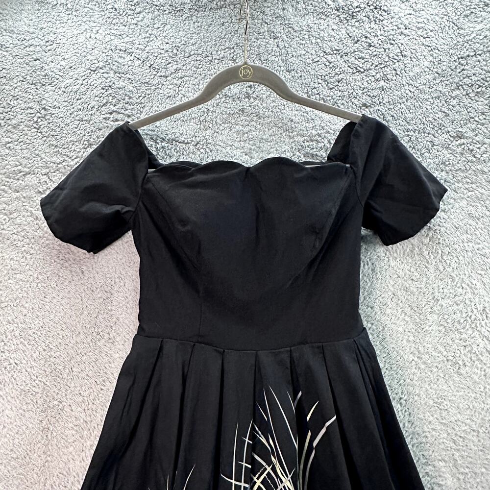 Belle Poque Women's Medium Black Dress Swan Floral Print Scalloped Front Smocked - Picture 3 of 9